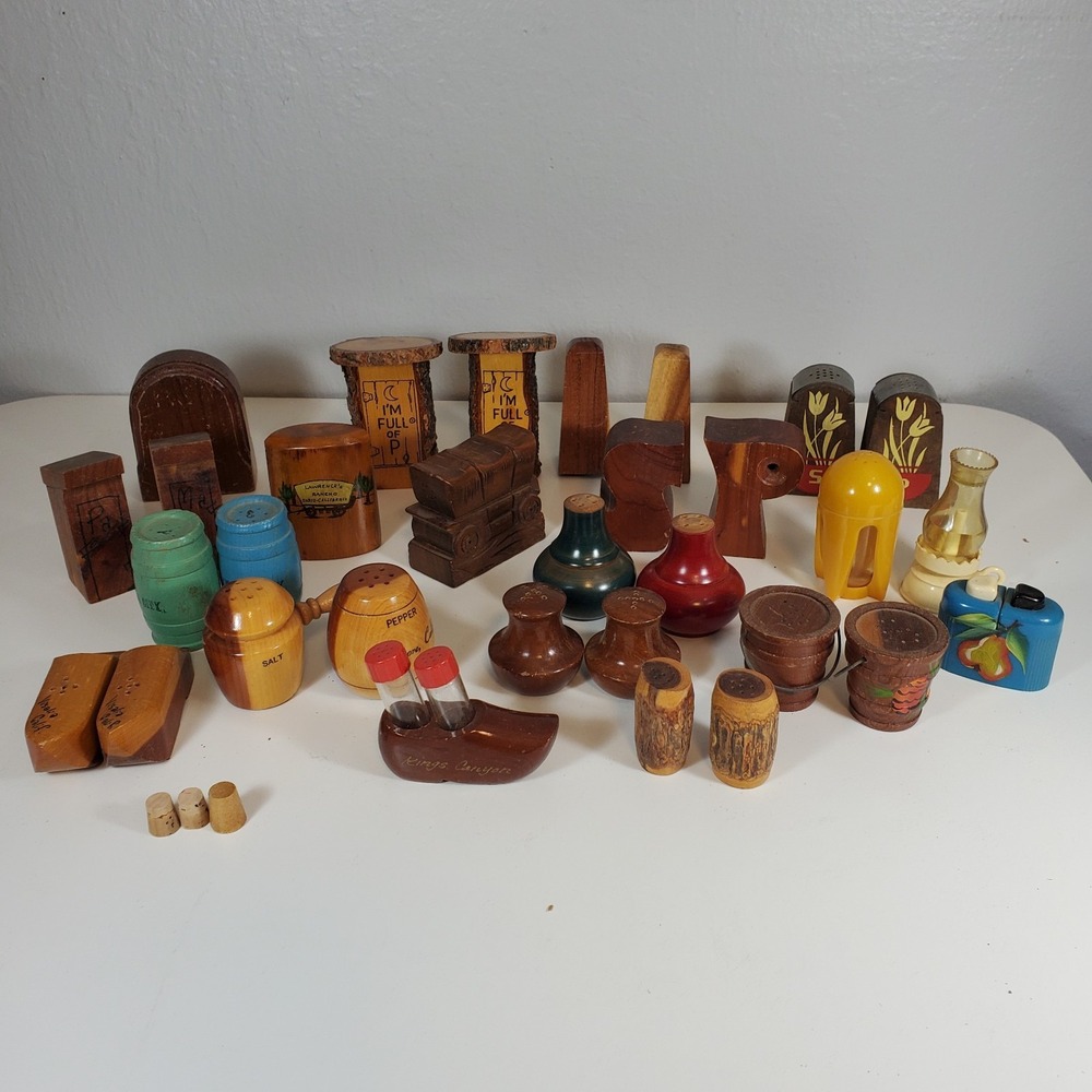 Vintage Lot Salt & Pepper Shakers Wooden Wood Plastic Mix Most Paired Collection